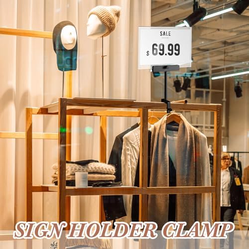 FoldTier 6 Set 5.5 x 7 Inch Clothing Rack Sign Holder Aluminum Alloy Retail Sign Holder with Clamp Acrylic Frame for Retail Stores Price Card Display(Black)