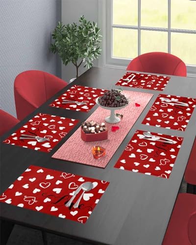 Red Valentine's Day Placemats Set of 4, Valentines Love Heart Heat Resistant Washable Table Place Mats Cotton Table Linens Party Holiday Decorations for Home Kitchen Dining Table Outdoor Indoor,