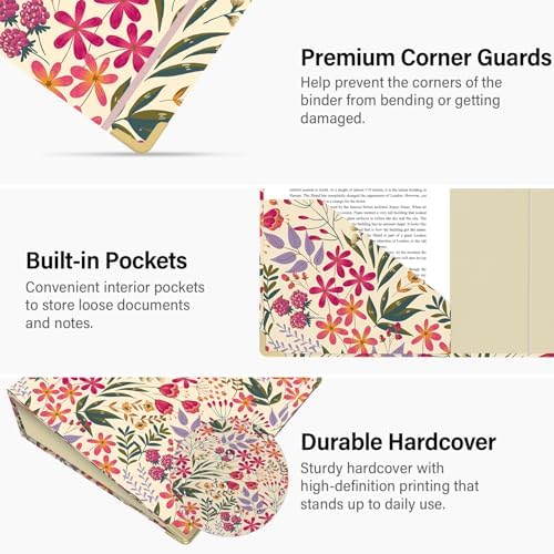 3 Ring Binder 3 Inch, Cute Round Ring Binder with 6 Tab Dividers & Label Stickers, Low Profile Clipboard with Storage, Fashion Binder for School Office Supplies (Pink Floral)
