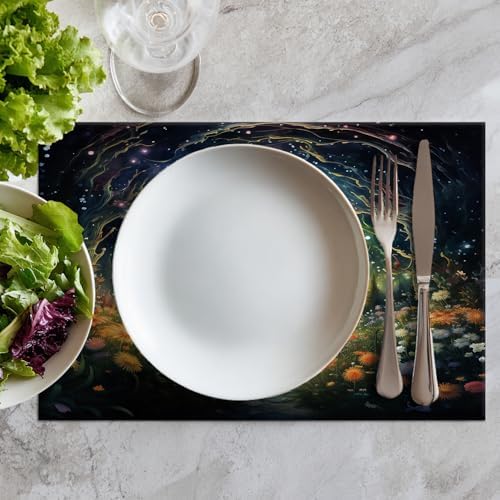 Batmerry Magical Forest Path Glowing Lights Linen Placemats Set of 8, A Mystical Forest At Night Washable Table Mats for Kitchen Table Thickened Heat Insulation Dining Set Indoor Outdoor 12X18 in