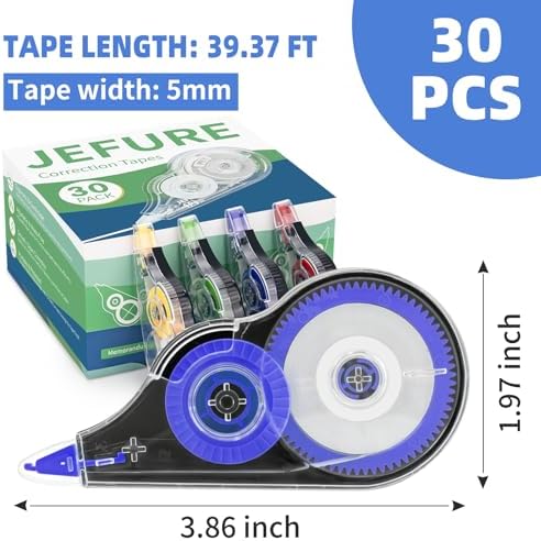 30 Pcs Colorful Correction Tape, 39.4 Ft White Bulk, 0.2 in Width