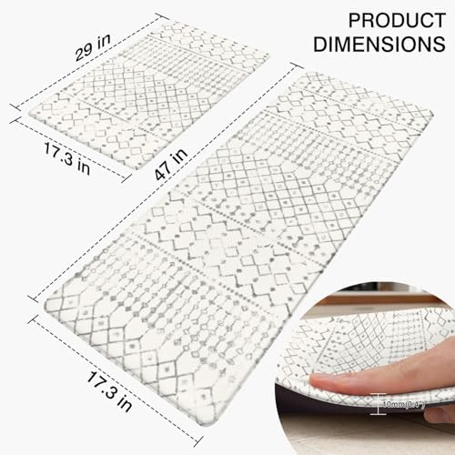 Boho Cushioned Anti Fatigue Mats for Kitchen Floor,Modern Farmhouse Moroccan Non-Slip Water Resistant Runner Comfort Foam Standing Rugs Non Skid for Home Sink,Office,Laundry 17"x47"+17"x30"