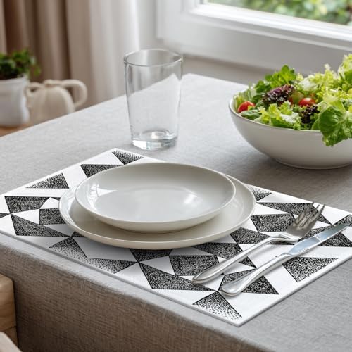 Batmerry Houndstooth Black White Linen Placemats Set of 6, Plaid Abstract Fashion Geometric Washable Table Mats for Kitchen Table Thickened Heat Insulation Dining Set Indoor Outdoor 12X18 in