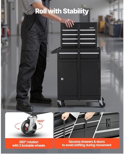 VEVOR Rolling Tool Chest, 2-in-1 Design, 5 Drawers Tool Cabinet Organizer with Detachable Top Metal Toolbox, Lock Bar, Protective Liner, and Tools Rack, Garage Storage Cabinet for Warehouse, Workshop