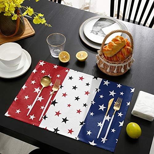 July 4th Placemats Set of 6- Red White Blue Heat Resistant Placemat Washable Cotton Linen Summer Table Mats Independence Day Party Holiday Decorations for Home Kitchen Dining Table Outdoor Indoor