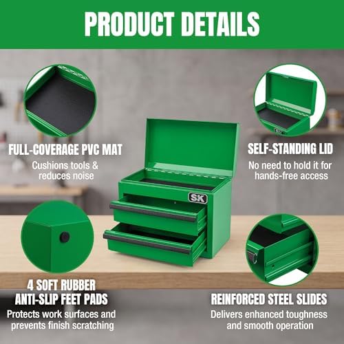 SK Mini Metal Tool Box with 2 Drawers, 10.8" Small Steel Toolbox Chest