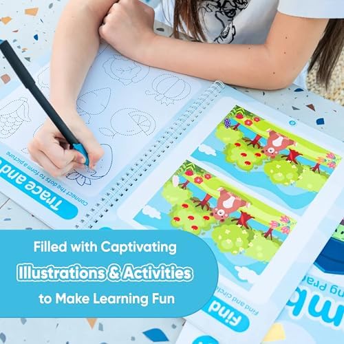 Kiddospace Magic Grooved Writing Practice for Kids Ages 3-8 - 4 Large Reusable Handwriting Workbooks - Alphabet, Numbers, Math & Drawing - Grooved Tracing Books with Disappearing Ink Pen Included