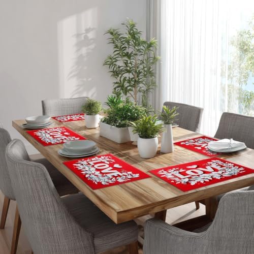 Batmerry Love Heart Linen Placemats Set of 6, Red Background with White Love Letters Washable Table Mats for Kitchen Table Thickened Heat Insulation Dining Set Indoor Outdoor 12X18 in
