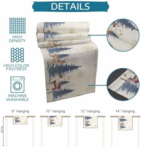 Christmas Table Runner Dresser Scarf 13 x 60 Inch Vintage PineTree Forest Elk Glod Snowflakes Linen Table Runners Non-Slip Heat Resistant Kitchen Dining Table Decor for Home Holidays Indoor Outdoor