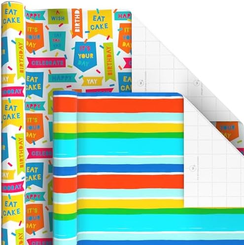 Hallmark Birthday Wrapping Paper Rolls, 6 Rolls (Stars, Stripes, Balloons)