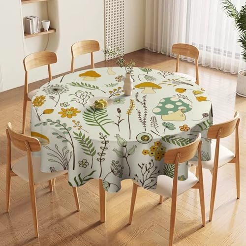 Wild Mushroom Tablecloth, Vintage Botanical Rustic Wildflower Herbs Plants Green Mushroom Table Cloth for Farmhouse Kitchen Dinning Room Picnic Parties Home Decor, 70x70in