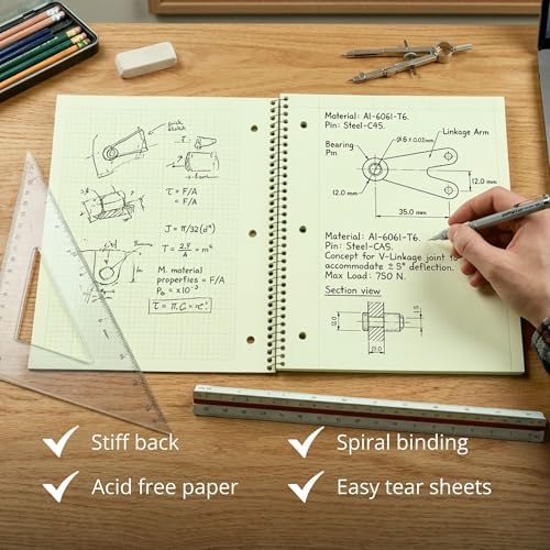 Roaring Spring Graph Ruled Spiral Engineering Notebook, Engineering Graph Paper, 24 Pack, 5x5 Enclosed Grid, 8.5" x 11", 80 Perforated Sheets, 3 Hole Punched, Green Tinted Sheets, Made in USA
