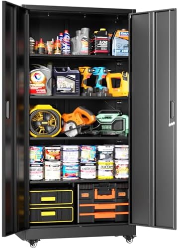 Greenvelly 73" Metal Storage Cabinet with Wheels, Lockable Rolling Metal Garage Cabinets with 2 Doors and 4 Adjustable Shelves, Rolling Tool Cabinet for Garage, Home Office, School
