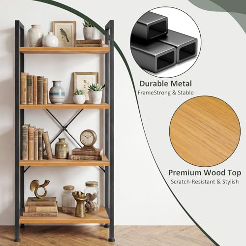 4 Tier Bookshelf, Free Standing Bookcase with Open Storage Shelves