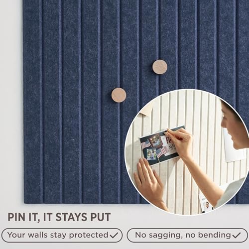 VIVELDA Felt Bulletin Board Tiles 48"x36" - 12-Pack Cork Board Alternative, OEKO-TEX Certified, NRC 0.95 Acoustic Felt Wall Panels, Damage-Free Adhesive, Slatted Design Home Office, Classroom (Indigo)