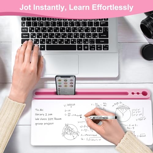 Desktop Glass Whiteboard with Storage, Desk Dry Erase White Board Pink