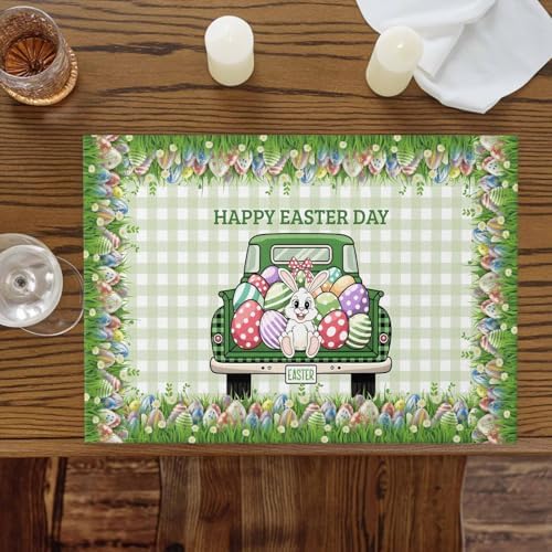 Happy Easter Spring Holidays Vintage Farm Trucks Colorful Eggs Placemats Set of 4,Green Gingham Plaid Patterns Cotton Line Fabric Heat Resistant Washable Mats Decoration for Home Kitchen Dining Party