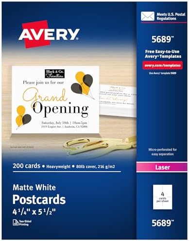 Avery Printable Postcards, 4.25" x 5.5", White, 200 Blank Postcards for Laser Printers (5689)