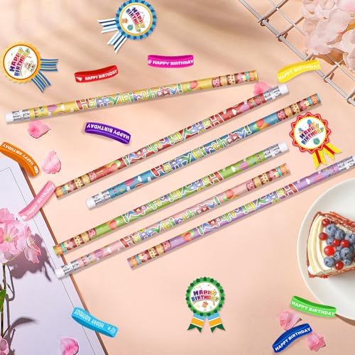 172 Pcs Birthday Pencils Set: 36 Happy Birthday Pencils, 36 Wristbands, 100 Badge Stickers for Teacher, Classroom, Party Favors