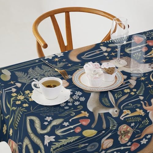 Fairy Forest Tablecloth, Retro Dark Blue Woodland Wildlife Owl Squirrel Print Rustic Flowers Mushrooms Table Cloth for Outdoor Picnic Home Dining Kitchen Table Decor 60x90in