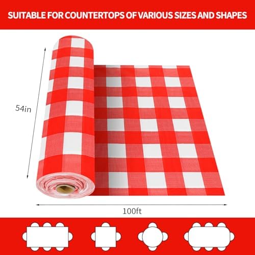 CXPSINC 54 Inch X 100 Feet Plastic Table Cover Roll Disposable Tablecloth with Slide Cutter for All Type/Shape Tables | Party, Banquet, Birthdays, Weddings(Red Checkered, 100 Feet)