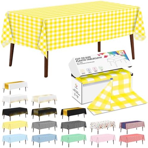 CXPSINC 54 Inch X 300 Feet Plastic Table Cover Roll Disposable Tablecloth with Slide Cutter for All Type/Shape Tables | Party, Banquet, Birthdays, Weddings(Yellow Checkered, 300 Feet)