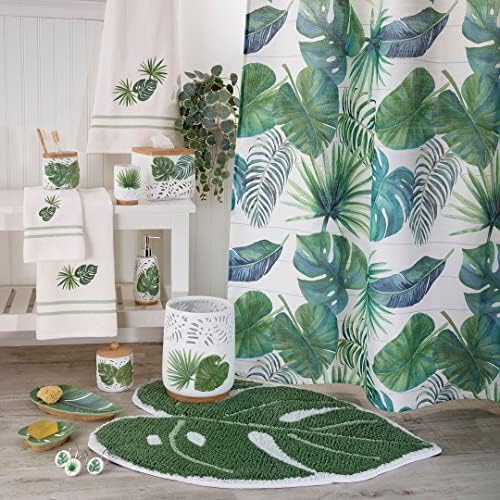 Avanti Linens - Accessory Set, Resin Tumbler, Toothbrush Holder, Soap Dish & Lotion Pump/Soap Dispenser, Tropical Bath Decor (Viva Palm Collection, White)
