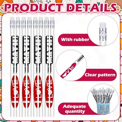 Tenceur 100 Pcs I Love Math Motivational Pencils with Erasers Bulk 7.3 Inches Student Incentives Recognition Education Award Prize for Teacher School Classroom Reward Supplies