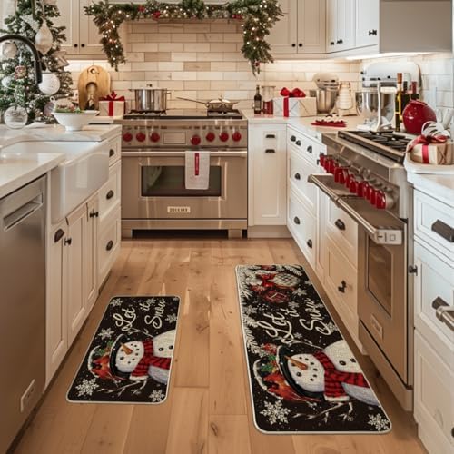 Artoid Mode Black Snowman Let It Snow Snowflake Christmas Kitchen Mats Set of 2, Winter Home Decor Low-Profile Kitchen Rugs for Floor - 17x29 and 17x47 Inch