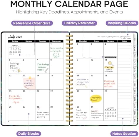 Planner 2026-2027, Monthly & Weekly Jul 2026-Jun 2027 Calendar Book | 6.3" x 8.5", Hardcover Spiral Planner with Tabs, School & Daily Pretty Agenda for Women, Students, Teachers, Shadow Garden