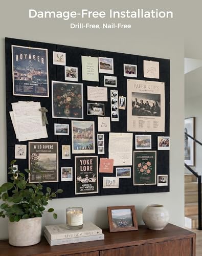 Aothia Felt Bulletin Board Tiles, 12-Pack 48"x36" Large Pin Board for Wall, Modern Cork Board Alternative for Notes, Photos, Memo & Office Organization, 70 Adhesive Tabs & 40 Push Pins, Black