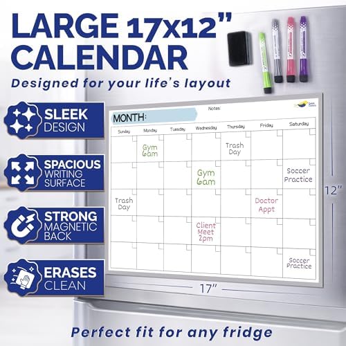 Large Magnetic Calendar for Refrigerator, Dry Erase Whiteboard Magnet | 17x12" Stain-Resistant Surface, Strong Full-Back Magnet, Sunday-Start Monthly Planner for Meals & Chores, 4 Markers & Eraser