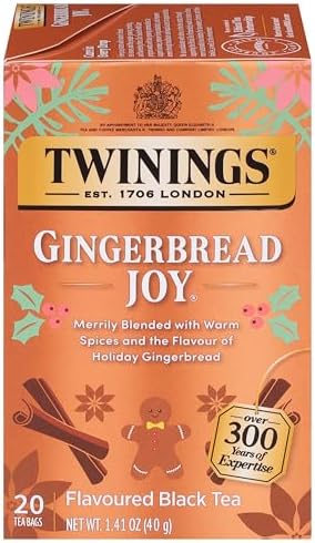 Twinings Gingerbread Joy Black Tea Individually Wrapped Bags, 20 Count (Pack of 1), Ginger & Cinnamon, Caffeinated, Enjoy Hot or Iced, 20 Teabags