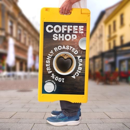 Jumbl A-Frame Signboard 15.7” x 26” Display Surface – Small Outdoor Sandwich Board w/Weather Resistant PVC Sign Protector & Sand Fill Holes – Dual Signage Stand for Storefront Sidewalk Curb (Yellow)