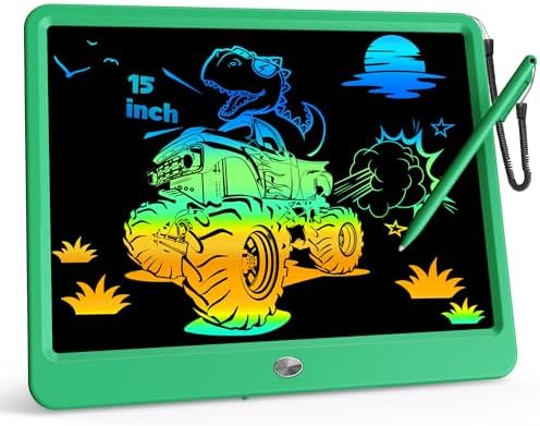 KOKODI 15 Inch LCD Writing Tablet with Anti-Lost Stylus, Erasable Doodle Board Colorful Toddler Drawing Pad, Car Travel School Games Toys for 3 4 5 6 7 8 Kids, Birthday Gift for Girls Boys Green