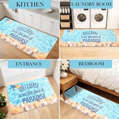 Coatal Beach Theme Kitchen Mats Rugs Set of 2 Anti Fatigue Kitchen Mats for Floor Cushioned Waterproof Non Slip Comfort Standing Mat for Sink Laundry, Ocean Blue