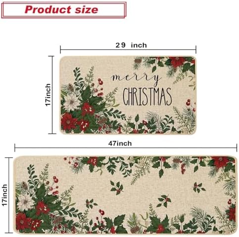 Baccessor Christmas Kitchen Rugs Set of 2, Poinsettia Holly Berry Leaves Kitchen Mats for Floor Hallway Laundry Sink Low-Profile Winter Holiday Home Decor 17x29 and 17x47 Inch