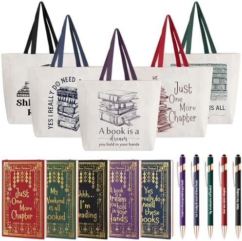 Fulmoon 5 Set Christmas Book Club Gifts Bulk Book Lovers Canvas Tote Bags with Notebooks Ballpoint Pens for Bookish Librarian Reader Women Gifts