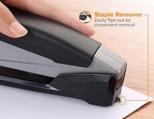 Bostitch Office Executive 3 in 1 Stapler, Includes 210 Staples and Integrated Staple Remover, One Finger Stapling, No Effort, 20 Sheet Capacity, Spring Powered Stapler, Black/Gray (INP20)