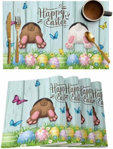 Spring Easter Placemats Set of 4, Funny Bunny Tails Rabbit Heat Resistant Washable Dining Table Mats Floral Farmhouse Decor for Kitchen&Table Linens Outdoor IndoorOutdoor Indoor