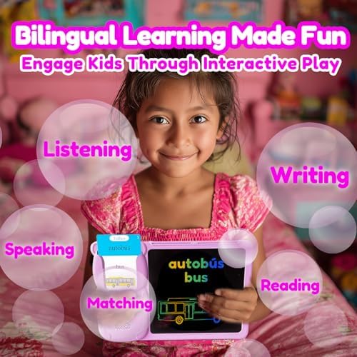 Writing Tablet with Bilingual Flash Cards for Kids, Spanish Pink