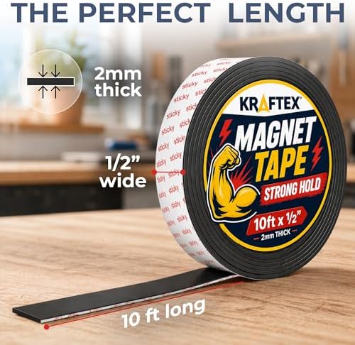 Kraftex Magnetic Tape: 10ft x 1/2" Magnetic strips with Adhesive Backing. Sticky, Flat Magnets for Crafts, Magnet labels & Stickers. Magnets with Adhesive Backing are Great for Home, School and Office