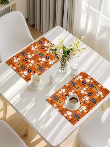 Vandarllin Happy Halloween Boo Placemats Set of 4, Cartoon Pumpkin Spooky Black Cats Ghosts Cotton Linen Stain Resistant Table Mats Washable Placemat Decoration for Kitchen Dining Table,Orange