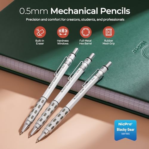 Nicpro 3 Pack Blocky Gear 0.5 mm Metal Mechanical Pencils Set with Case