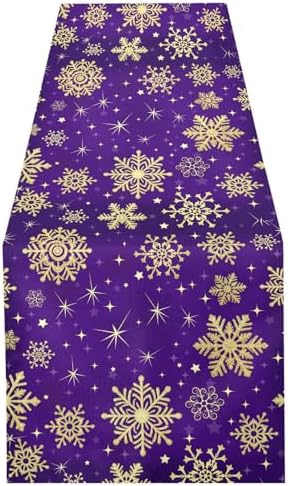 ALAZA Double-Sided Winter Violet Purple with Gold Snowflakes Christmas Table Runner 18x72 Inches Long,Table Cloth Runner for Wedding Birthday Party Kitchen Dining Home Everyday Decor