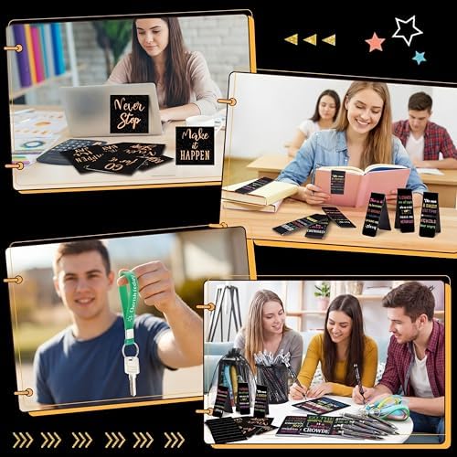 Pasimy 218 Pcs Inspirational Stationery Gifts Motivational Mini Notepad Pen Quote Bookmarks Stress Relief Stickers Inspiring Silicone Keychains for Home Office Appreciation Gift(Dark)