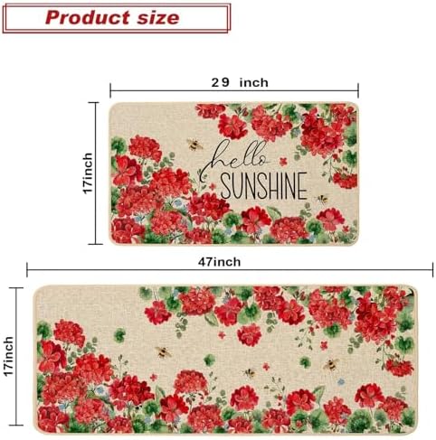 Baccessor Summer Kitchen Mats Set of 2, Geranium Floral Bee Kitchen Rugs for Floor Non Slip Absorbent Low-Profile Seasonal Farmhouse Home Decor 17x29 and 17x47 Inch