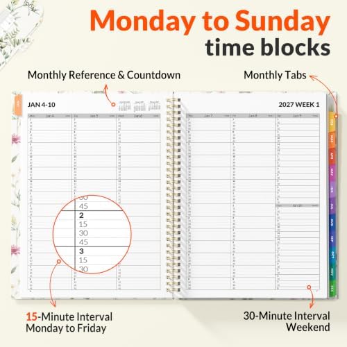 SUNEE 2027 Appointment Book, Quarter-Hourly, Weekly Monthly Planner, 8.5"x11",Beige Wildflower