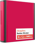 Staples Heavy-Duty 2-Inch D-Ring Binder, Red, Holds 540 Sheets | 3-ring binder with pockets for durable school and office document storage.