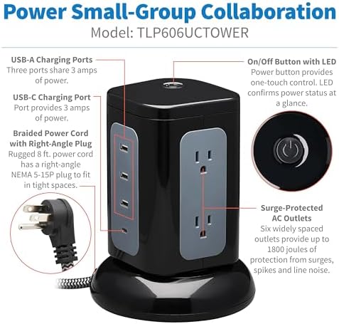 Tripp Lite TLP606UCTOWER Charging Tower Power Strip Surge Protector & Charging Station with USB Ports, 1800 Joules, 6 Outlets, 3 USB-A + 1 USB-C, 8ft Cord, Dorm Room Essentials Desk Accessory
